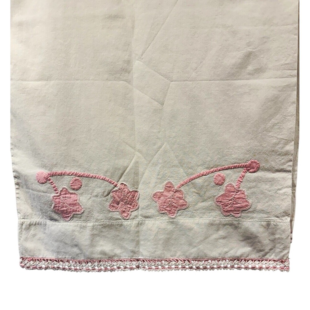 Vintage Embroidered Floral Body Or Bolster Cotton Pink Crochet Trim Shabby Chic